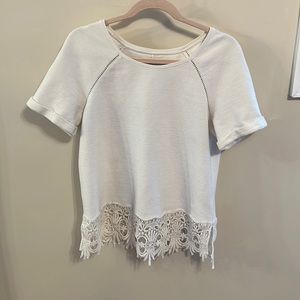 Anthropologie Sundays White Top with floral fringe on bottom